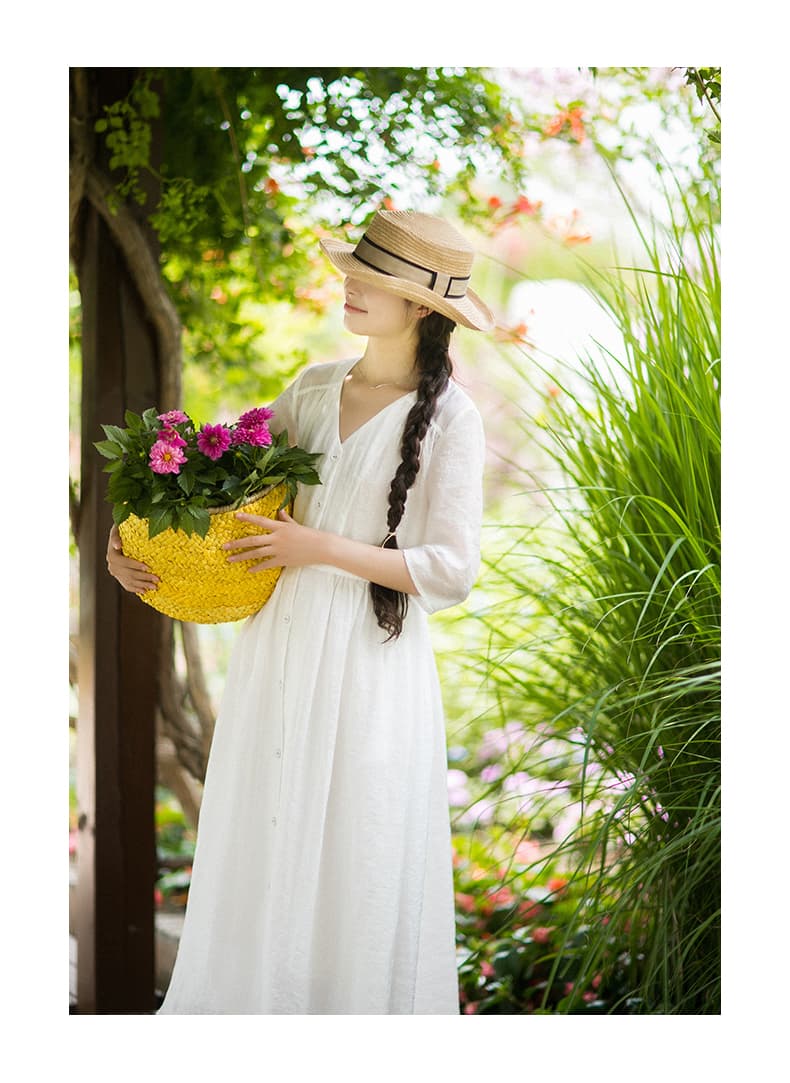 白スカート 優美な麻綿混ワンピース