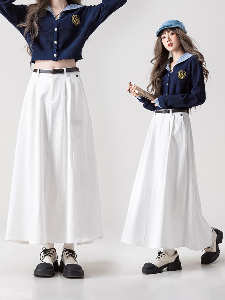 白スカート 優雅なロングフレアスカート
