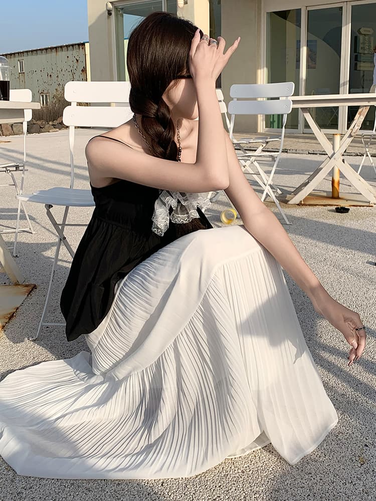 白スカート 優美なティアードプリーツロングスカート