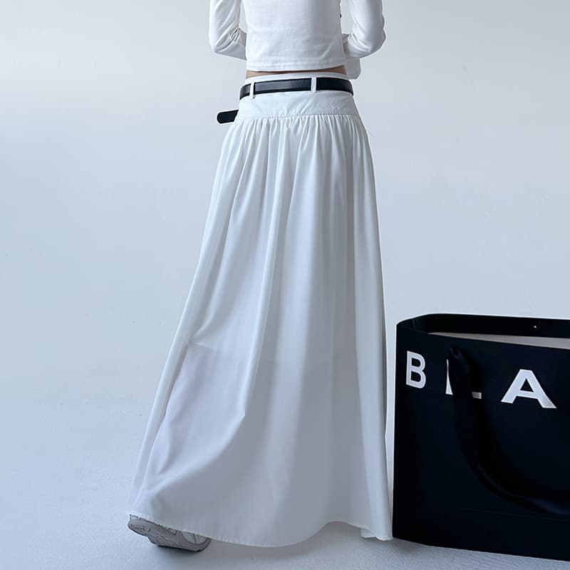 白スカート ボリュームギャザーマキシ丈スカート