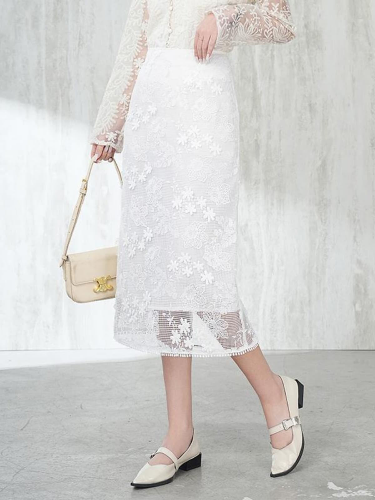 白スカート タイト総レース花柄スカート