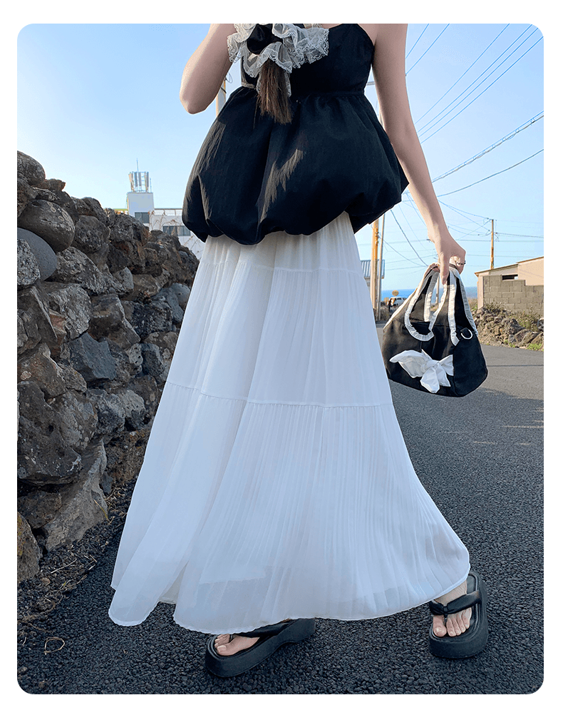 白スカート 優美なティアードプリーツロングスカート