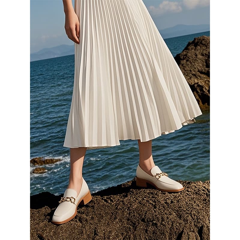 白スカート プリーツミモレ丈スカート