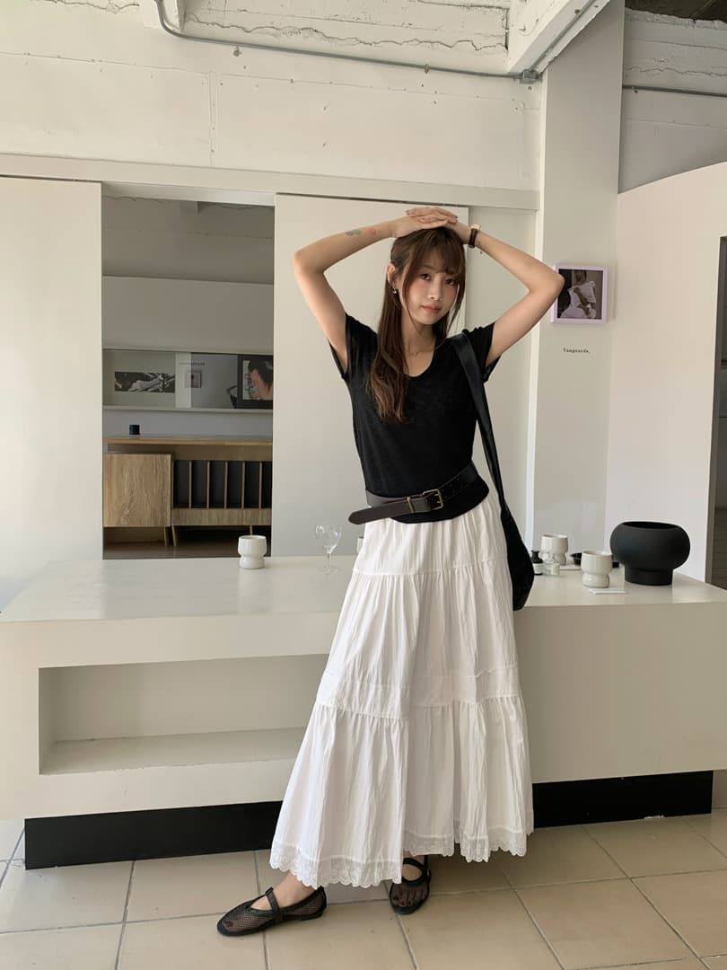 白スカート  ティアード切替えマキシ丈プリーツスカート