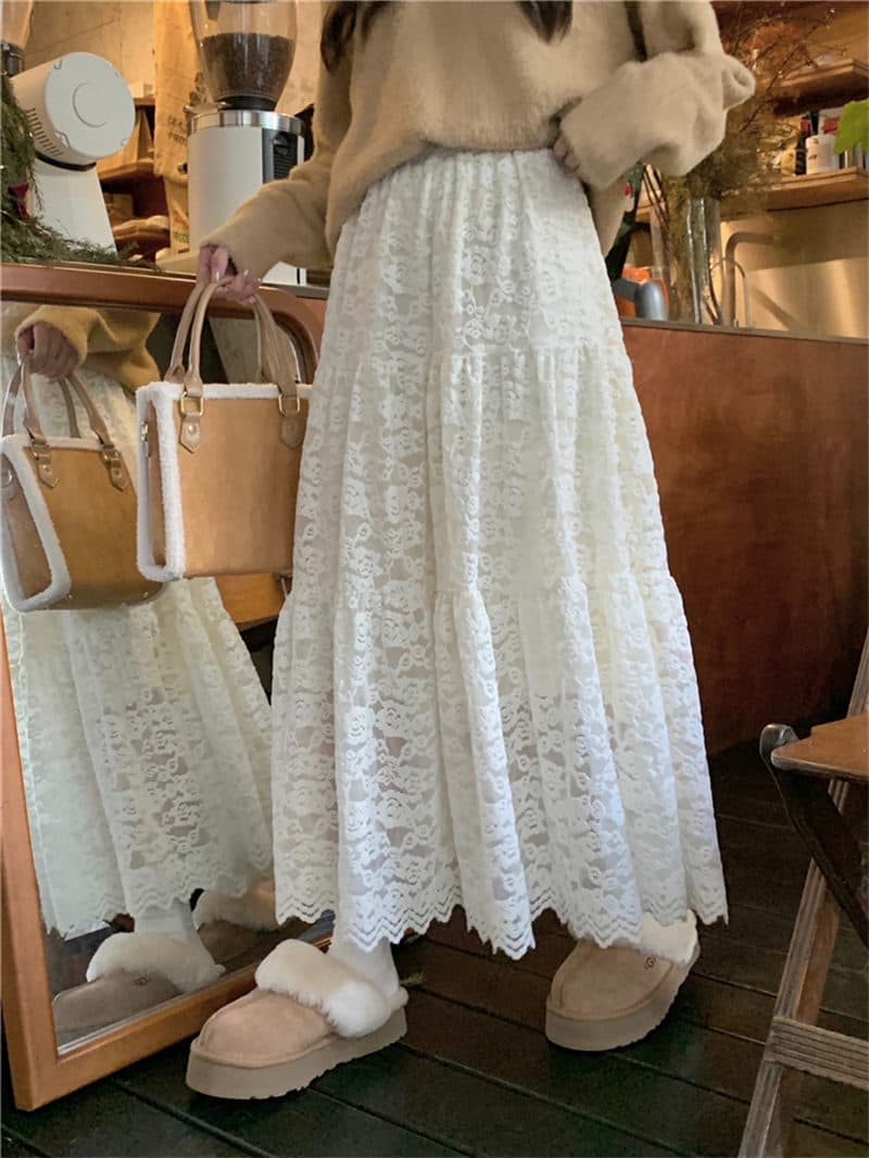 白スカート 韓国風レース白ロングスカート裏起毛エレガント