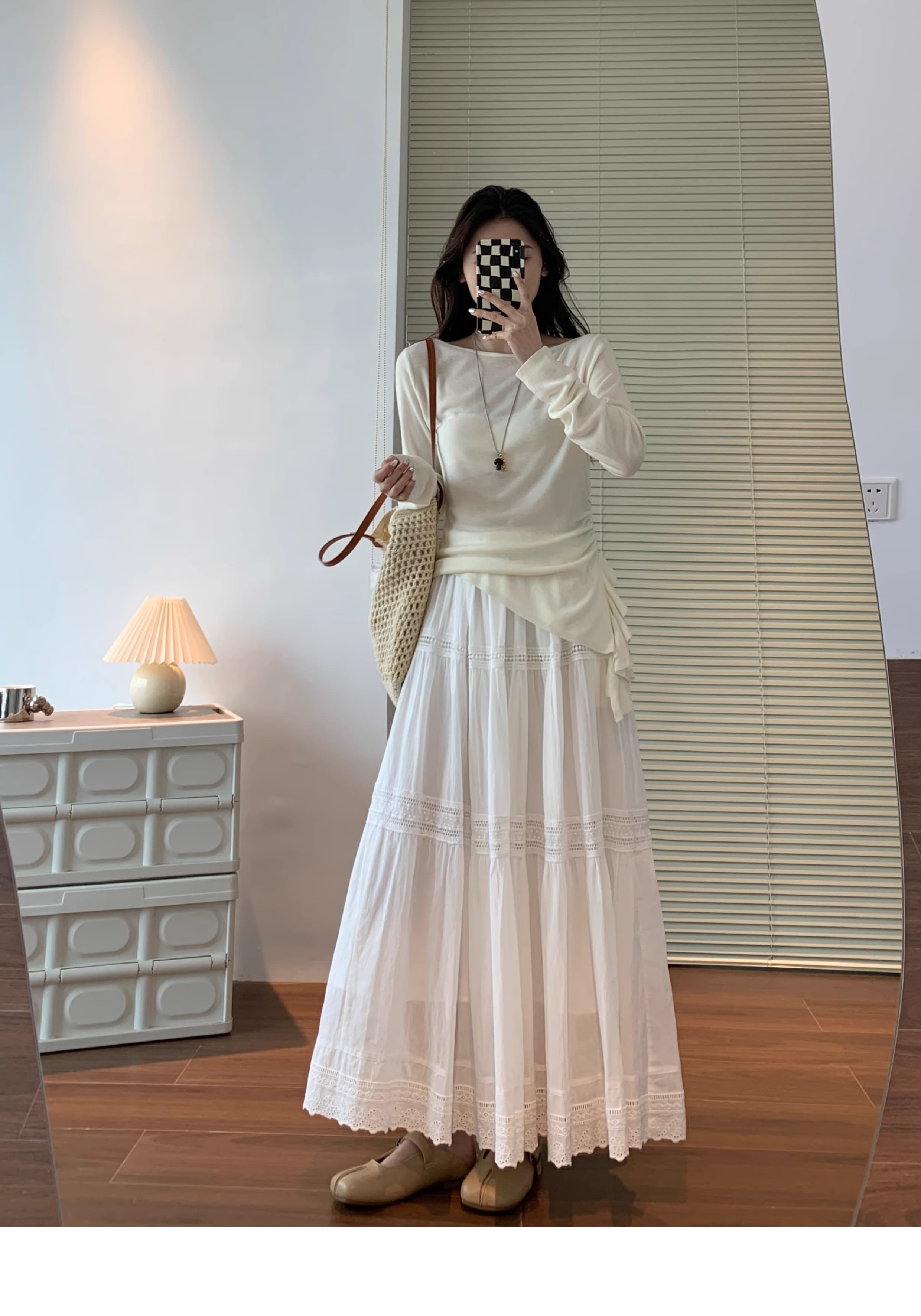 白スカート ティアードレース切替ロングスカート
