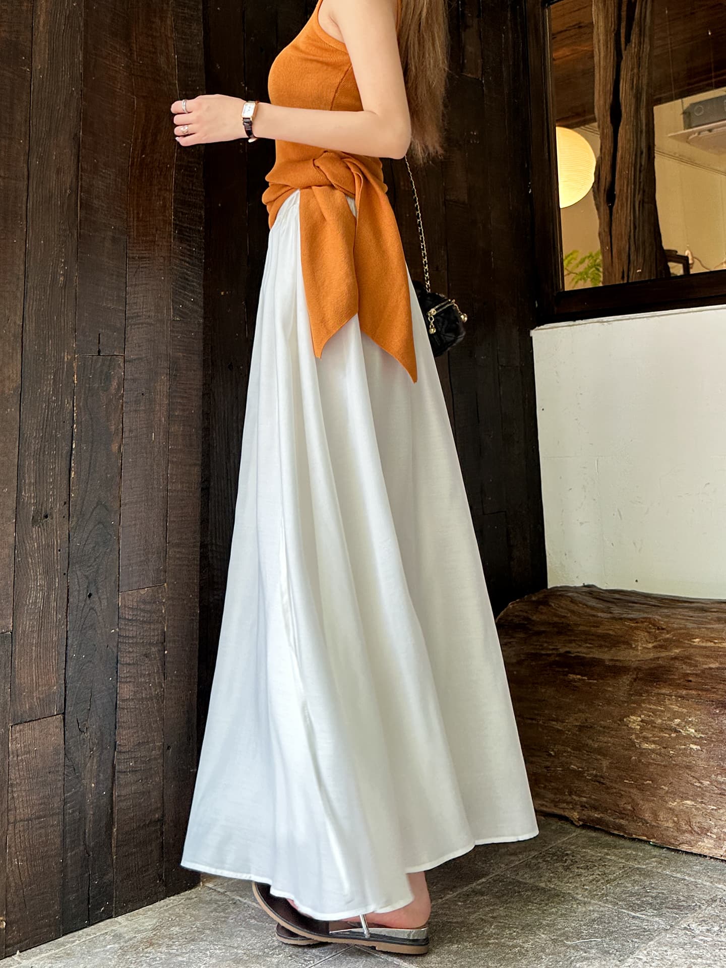 白スカート サテンロングフレアスカート