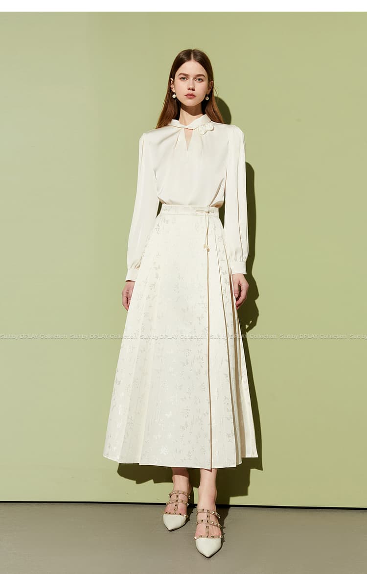 白スカート 優美な花柄ジャガードロングプリーツスカート