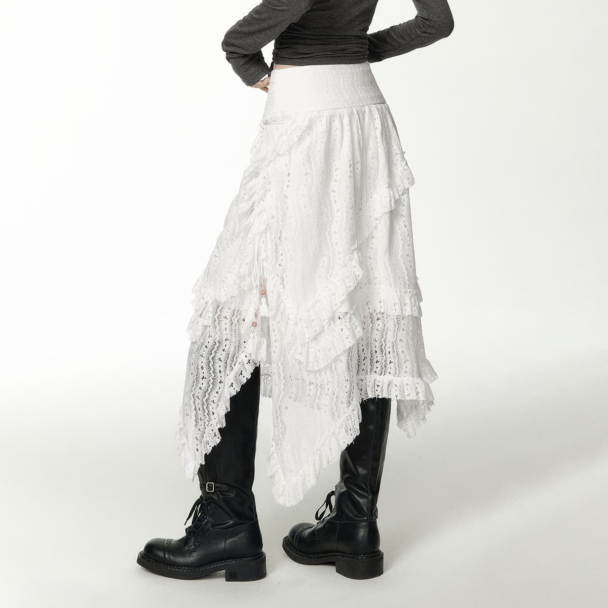 白スカート レイヤード重ねレース ミディ丈スカート