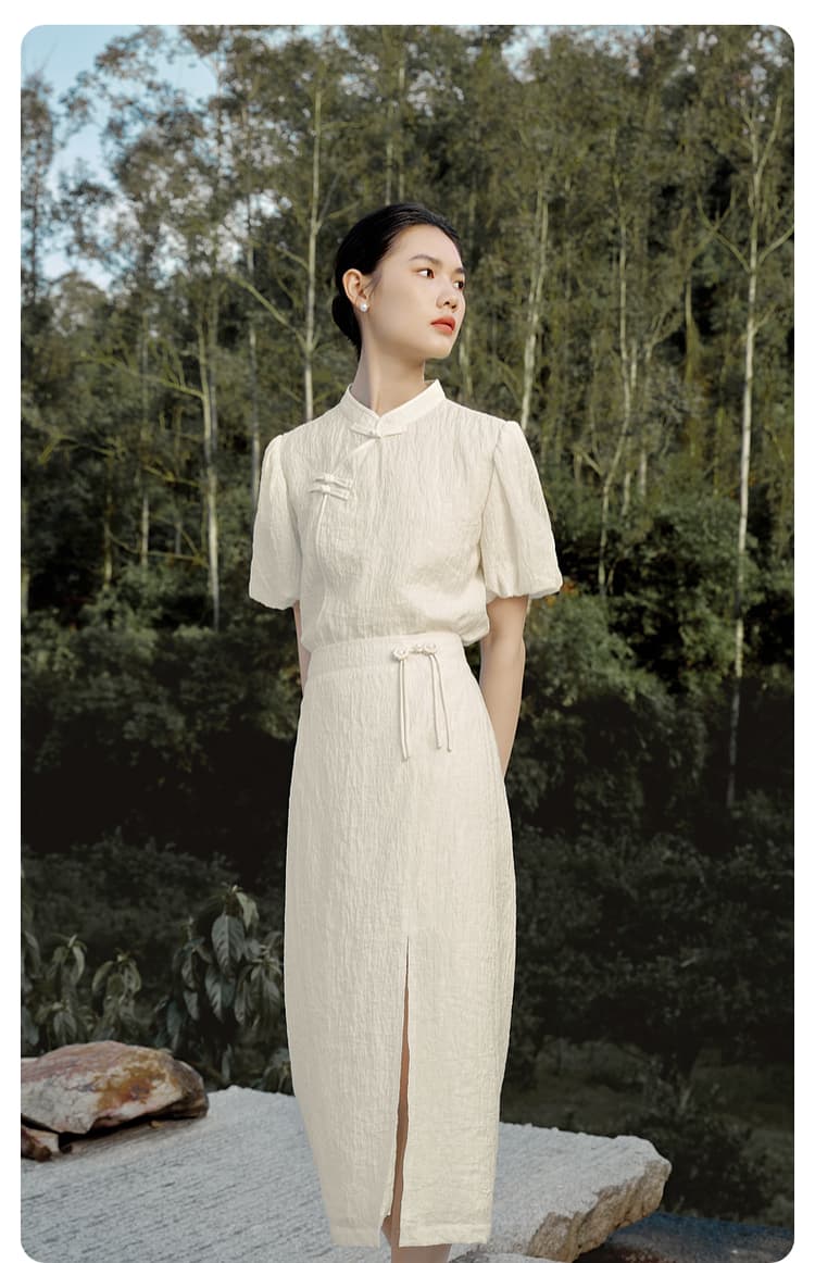 白スカート 東洋風デザイン スリット入りタイトスカート