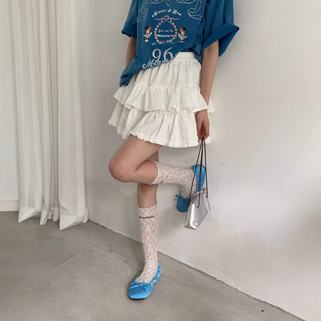 白スカート  ティアードフリル二段プリーツミニスカート