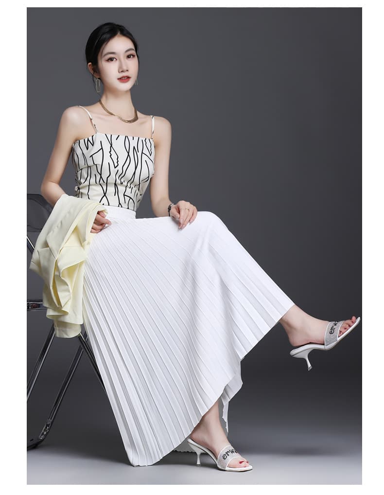 白スカート エレガントプリーツロングスカート