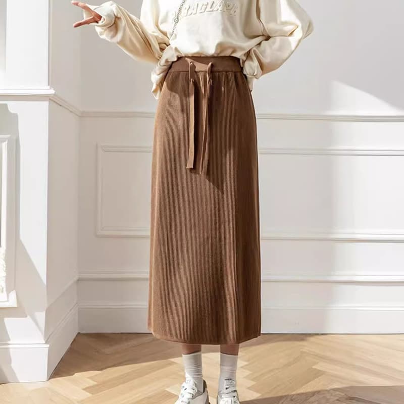 白スカート リブニットタイトロングスカート