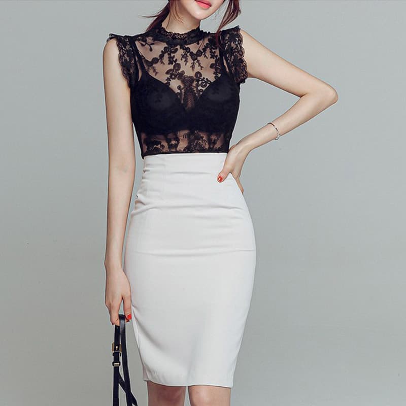 白スカート 上品なレース切替タイトスカート