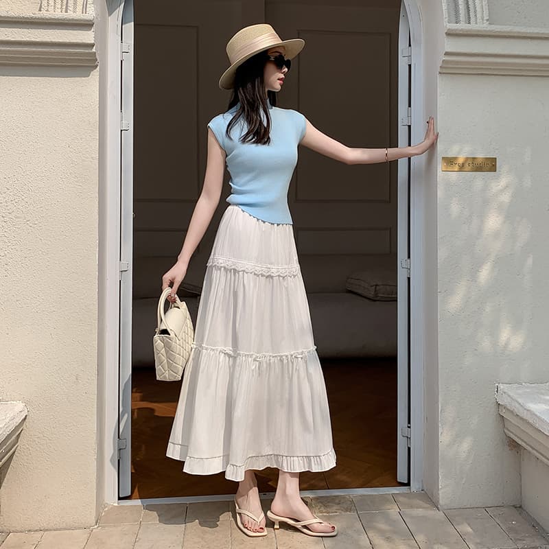 白スカート フレアシフォンロングスカート