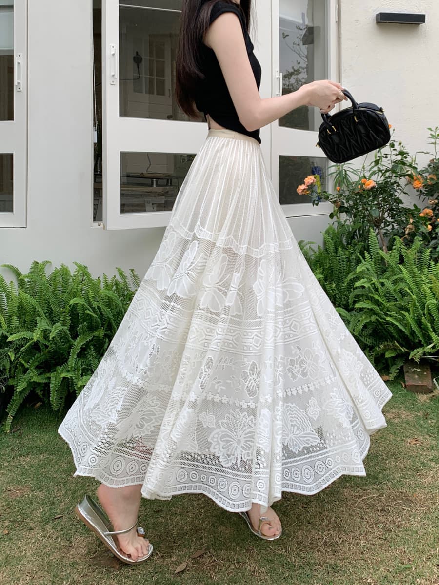 白スカート 蝶々刺繍レース重ねフレアロングスカート