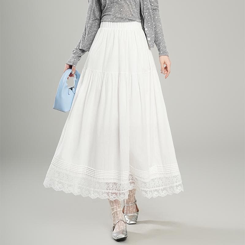 白スカート レース装飾フレアスカート