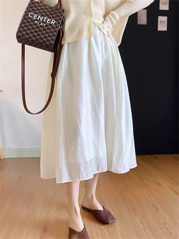 白スカート ふんわりギャザーロングプリーツスカート