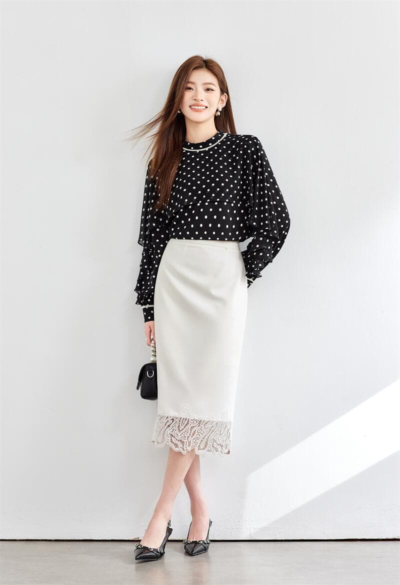 白スカート 裾レース付きペンシルスカート