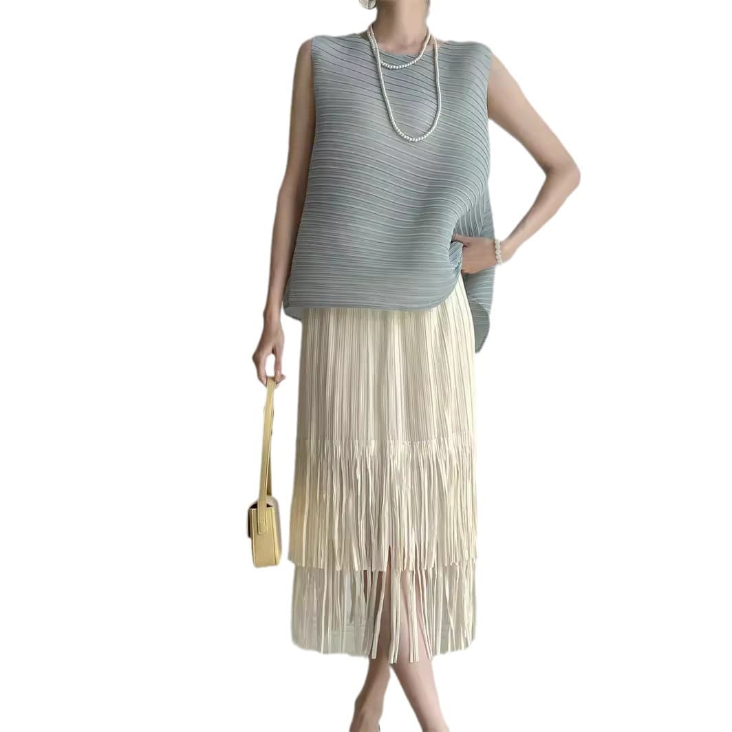 白スカート 流れるフリンジプリーツスカート