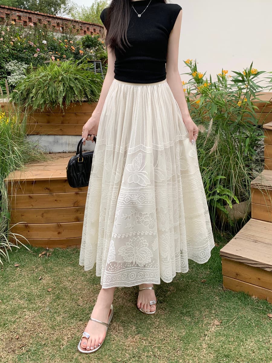 白スカート 蝶々刺繍レース重ねフレアロングスカート
