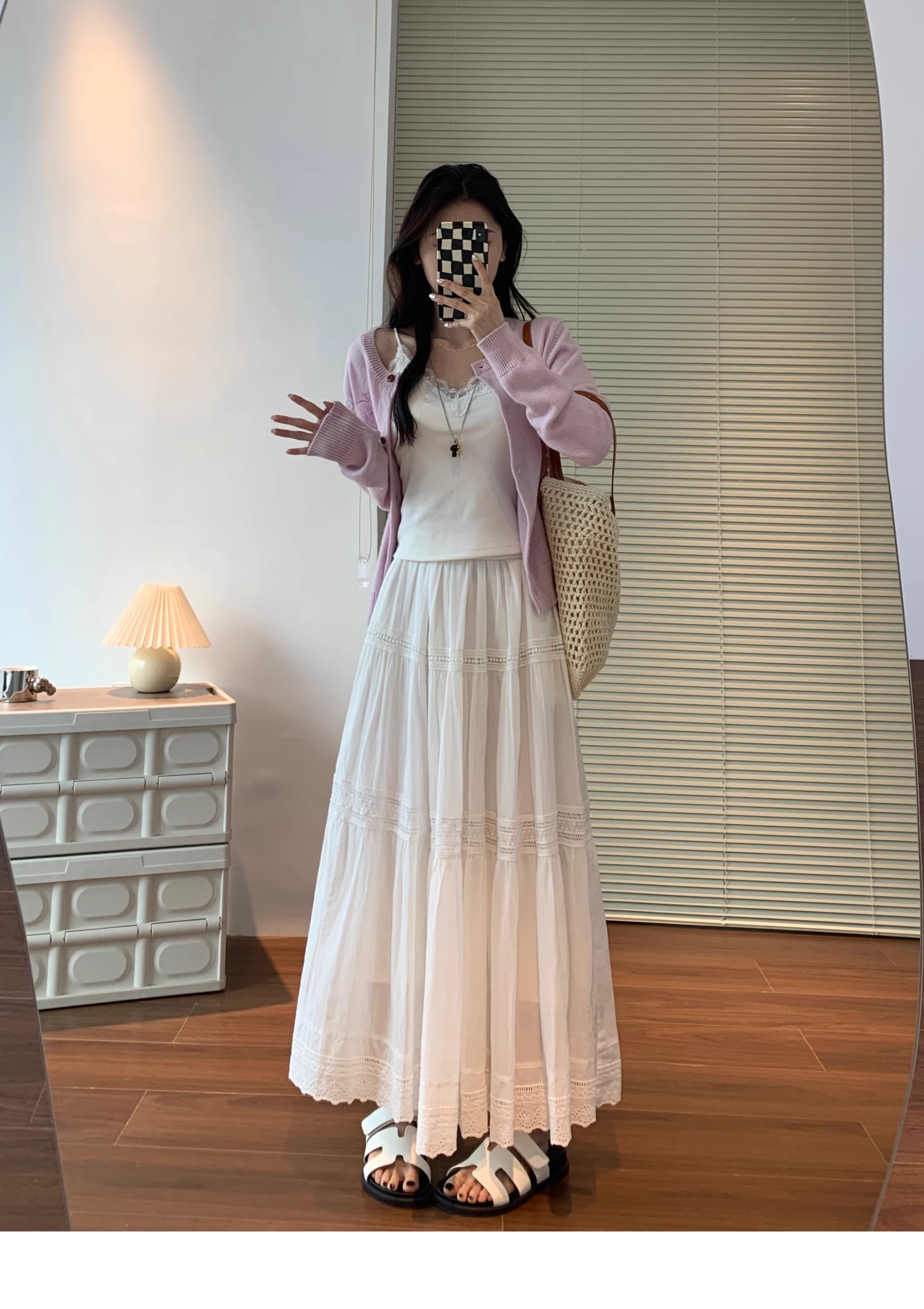 白スカート ティアードレース切替ロングスカート