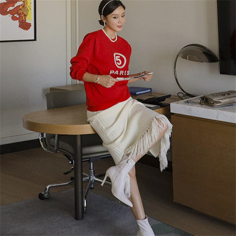 白スカート 秋冬新作 プリーツニット タッセル付き レディーススカート