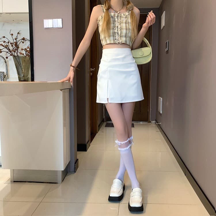 白スカート スリットデザイン台形ミニスカート