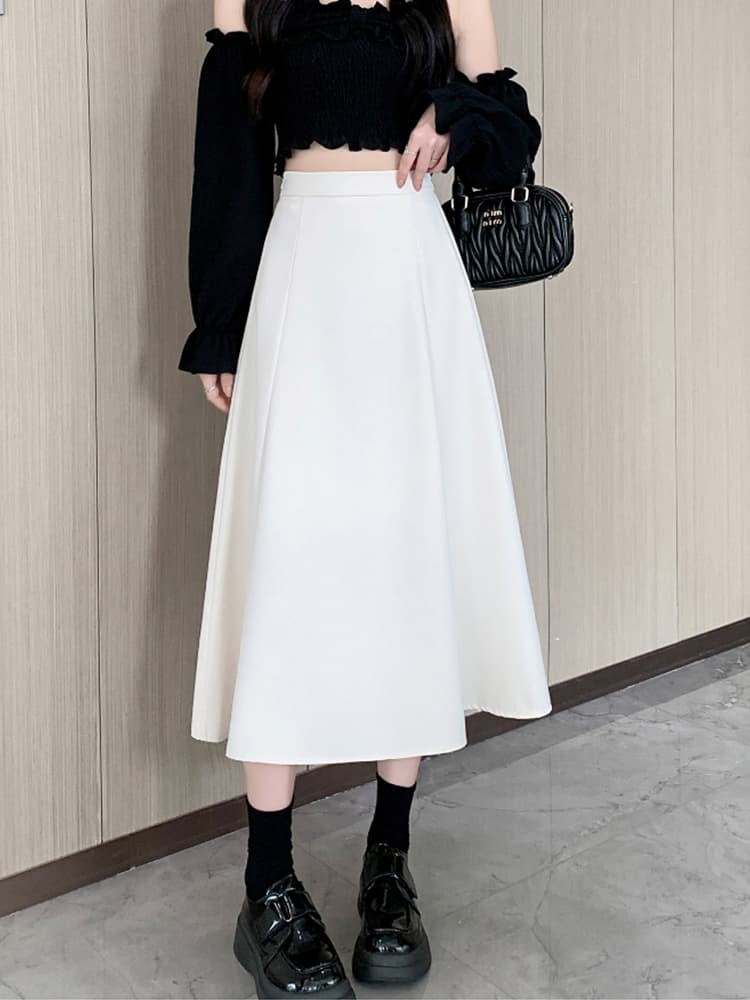 白スカート 大人可愛いハイウエストフレアスカート