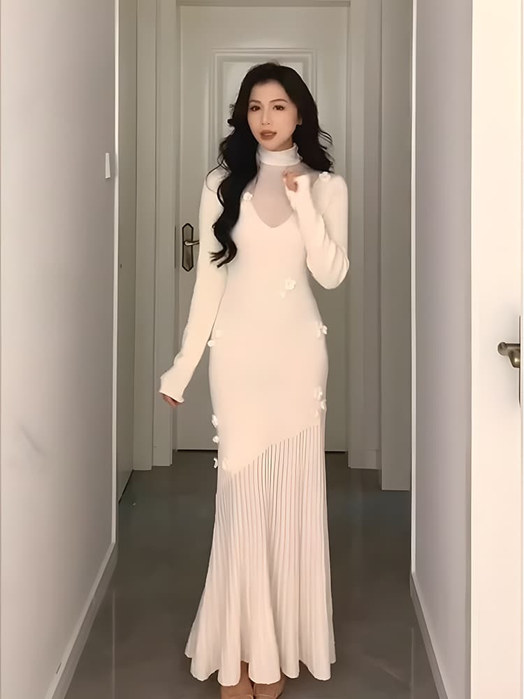 白スカート 優美なプリーツマーメイドワンピース