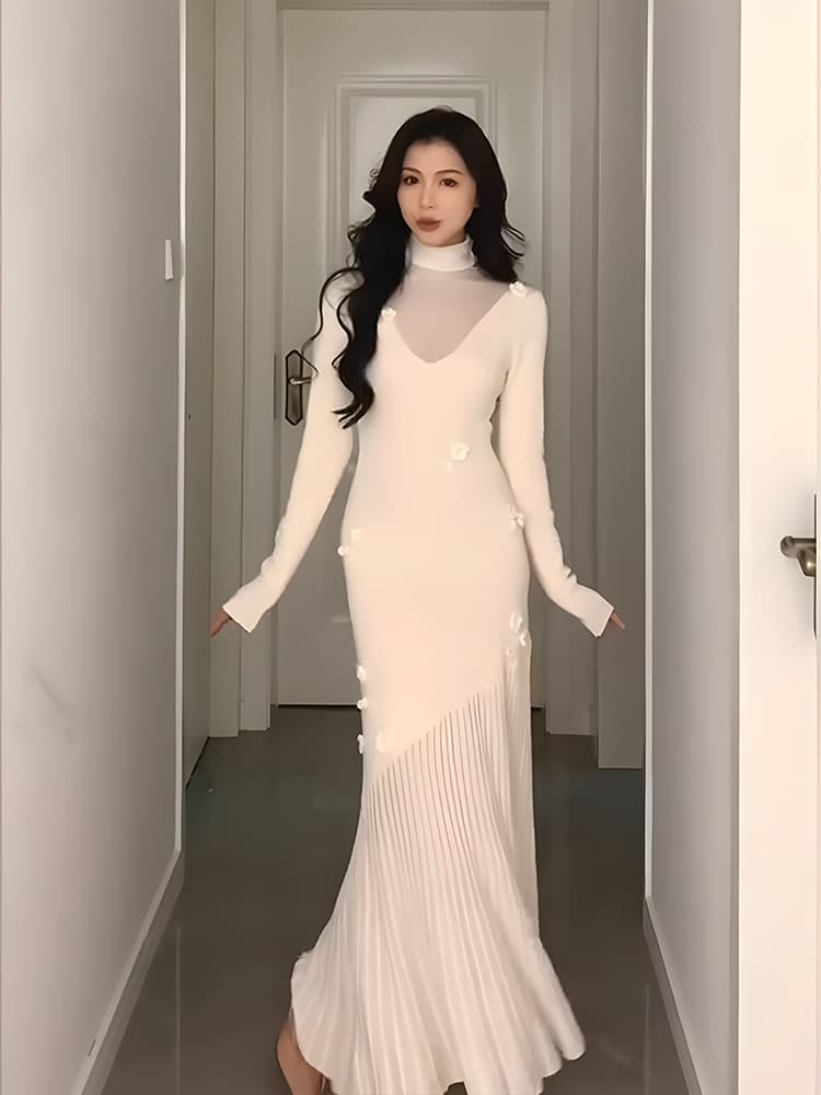 白スカート 優美なプリーツマーメイドワンピース