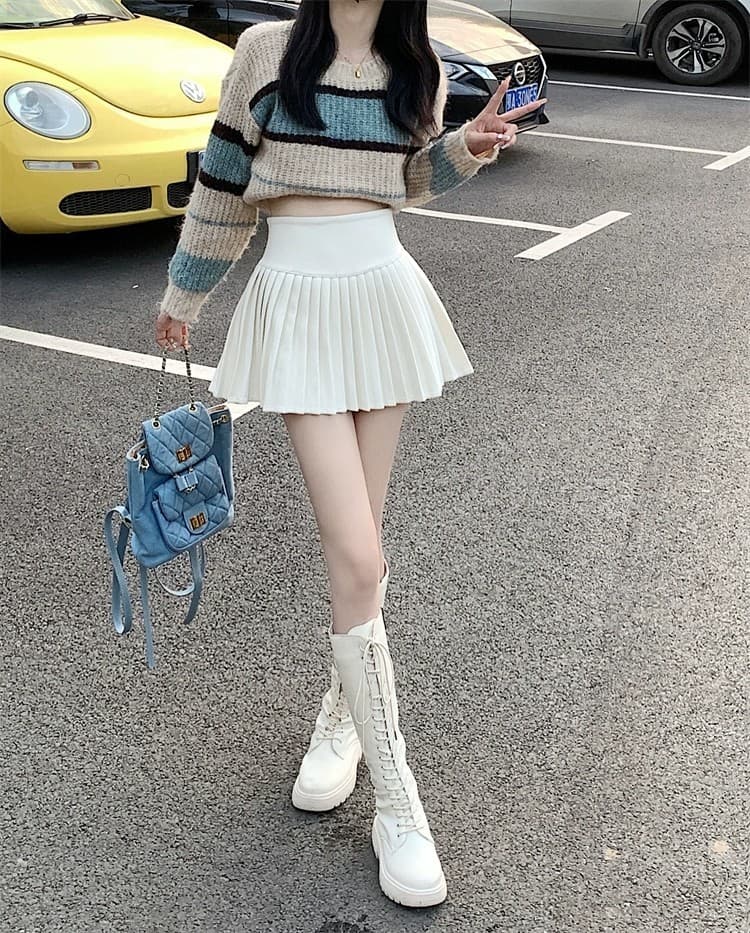 白スカート ハイウエスト細プリーツミニスカート