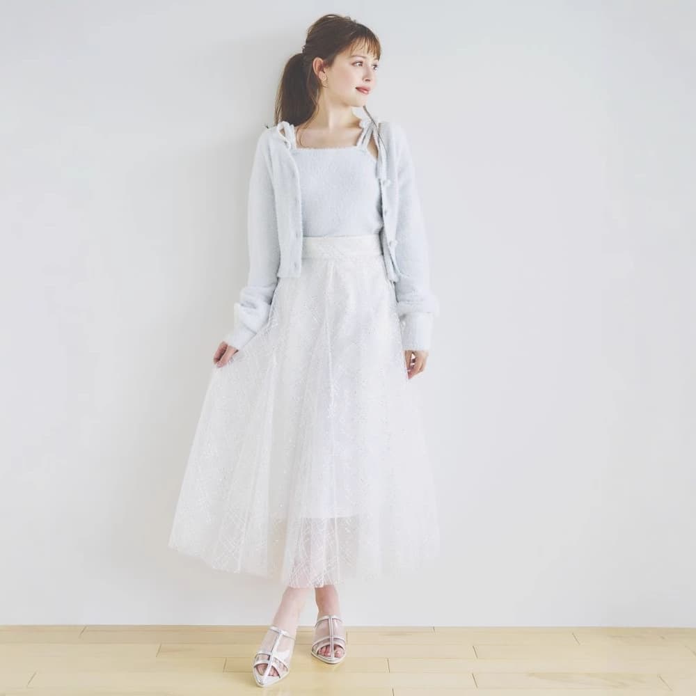 白スカート きらめき格子柄チュールスカート