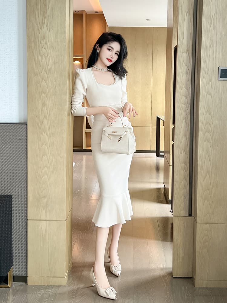 白スカート 優美なマーメイドラインスタイリッシュドレス