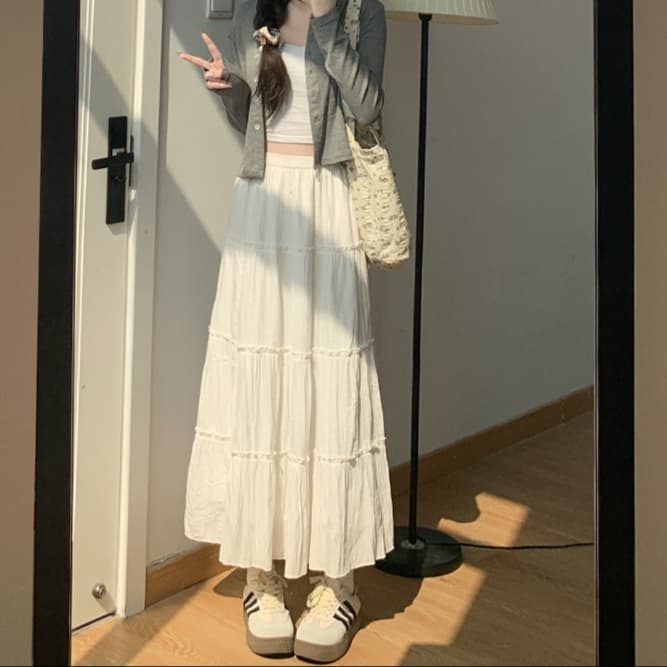 白スカート ティアードロングフレアスカート