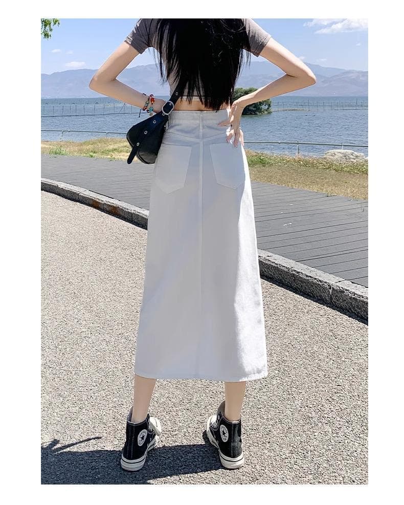 白スカート 夏向け涼やかスリット入り台形スカート