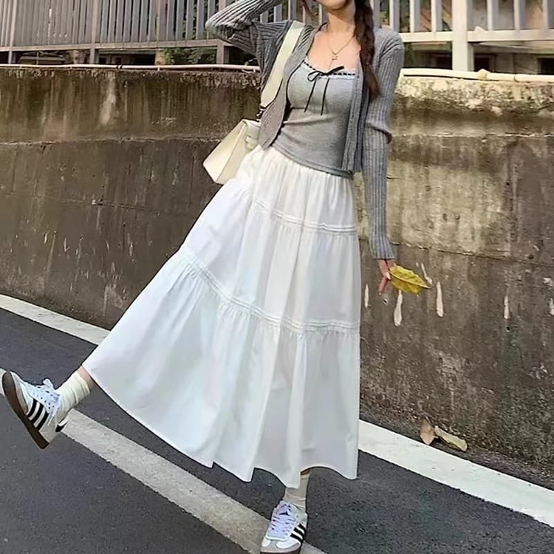 白スカート ティアードマキシ揺れ感ロングスカート