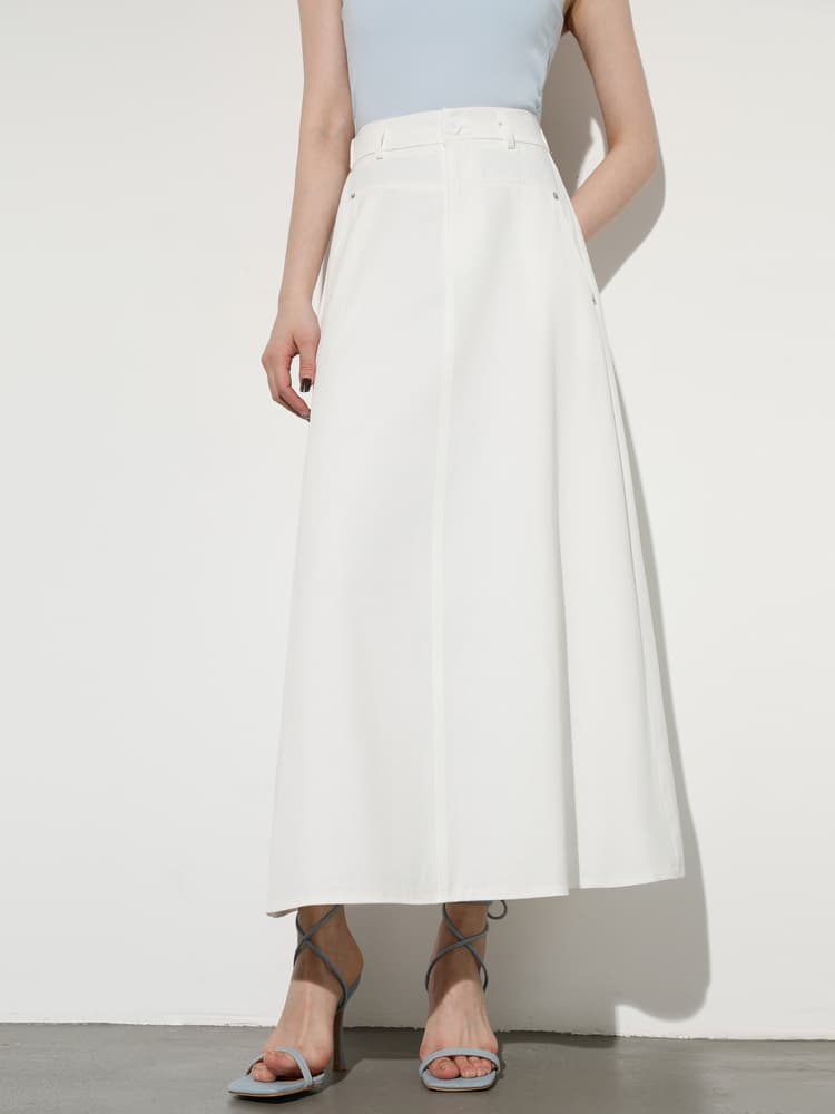 白スカート フレアデニムロングシルエットスカート