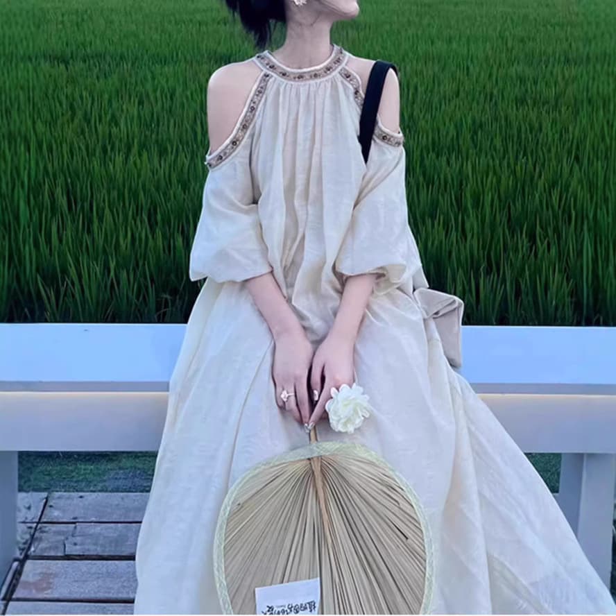 白スカート 優美なるふんわり長丈ワンピース