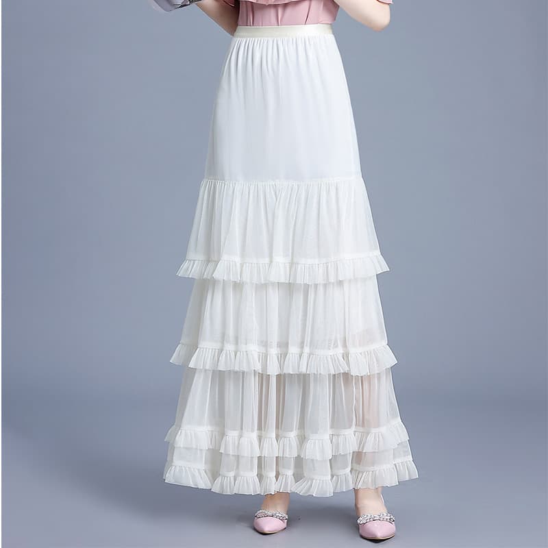 白スカート 華やかな重ね段フリルロングスカート