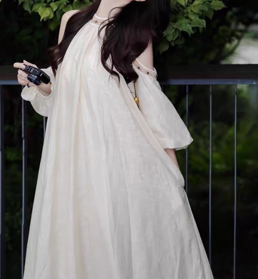 白スカート 優美なるふんわり長丈ワンピース