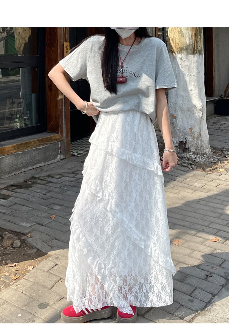 白スカート 花レース重ね ティアードロングスカート