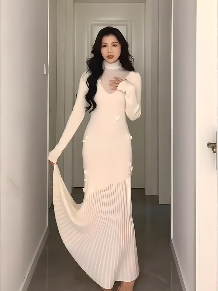 白スカート 優美なプリーツマーメイドワンピース
