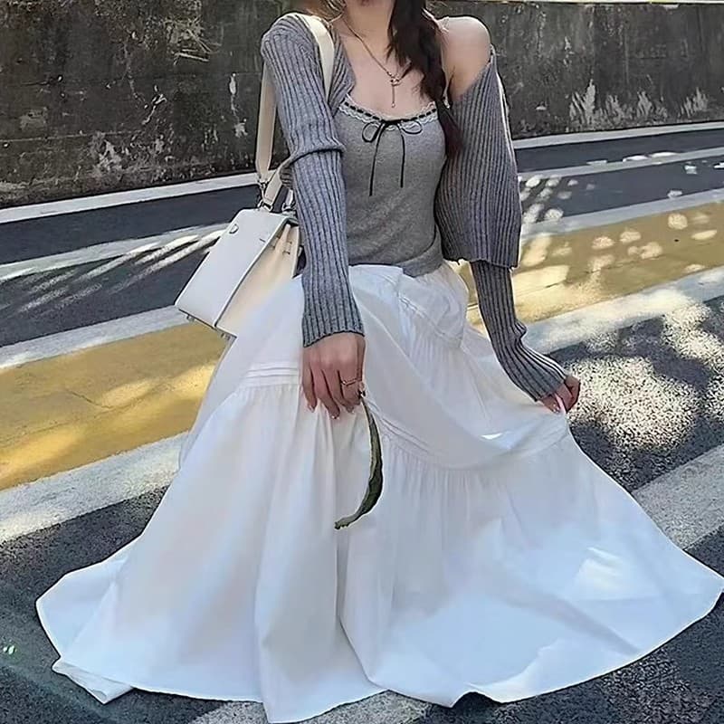 白スカート ティアードマキシ揺れ感ロングスカート