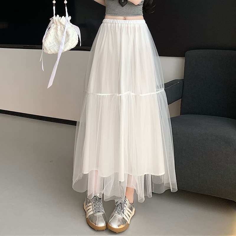 白スカート 夢見るチュールロングスカート
