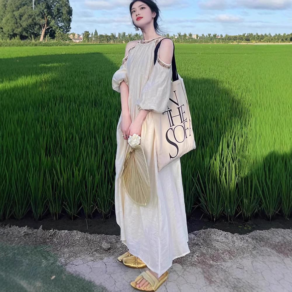 白スカート 優美なるふんわり長丈ワンピース