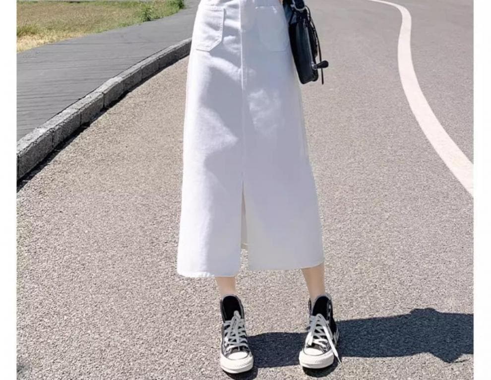 白スカート 夏向け涼やかスリット入り台形スカート