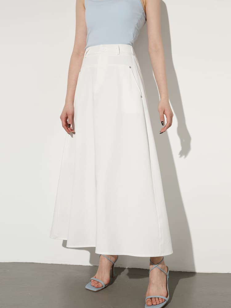 白スカート フレアデニムロングシルエットスカート