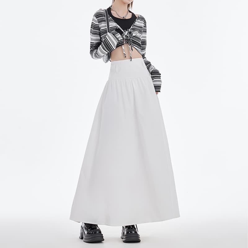 白スカート フレアハイウエストロングスカート