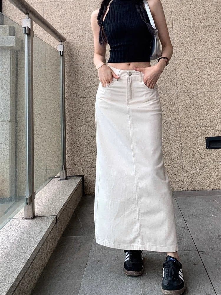 白スカート すっきりシルエットマキシスカート